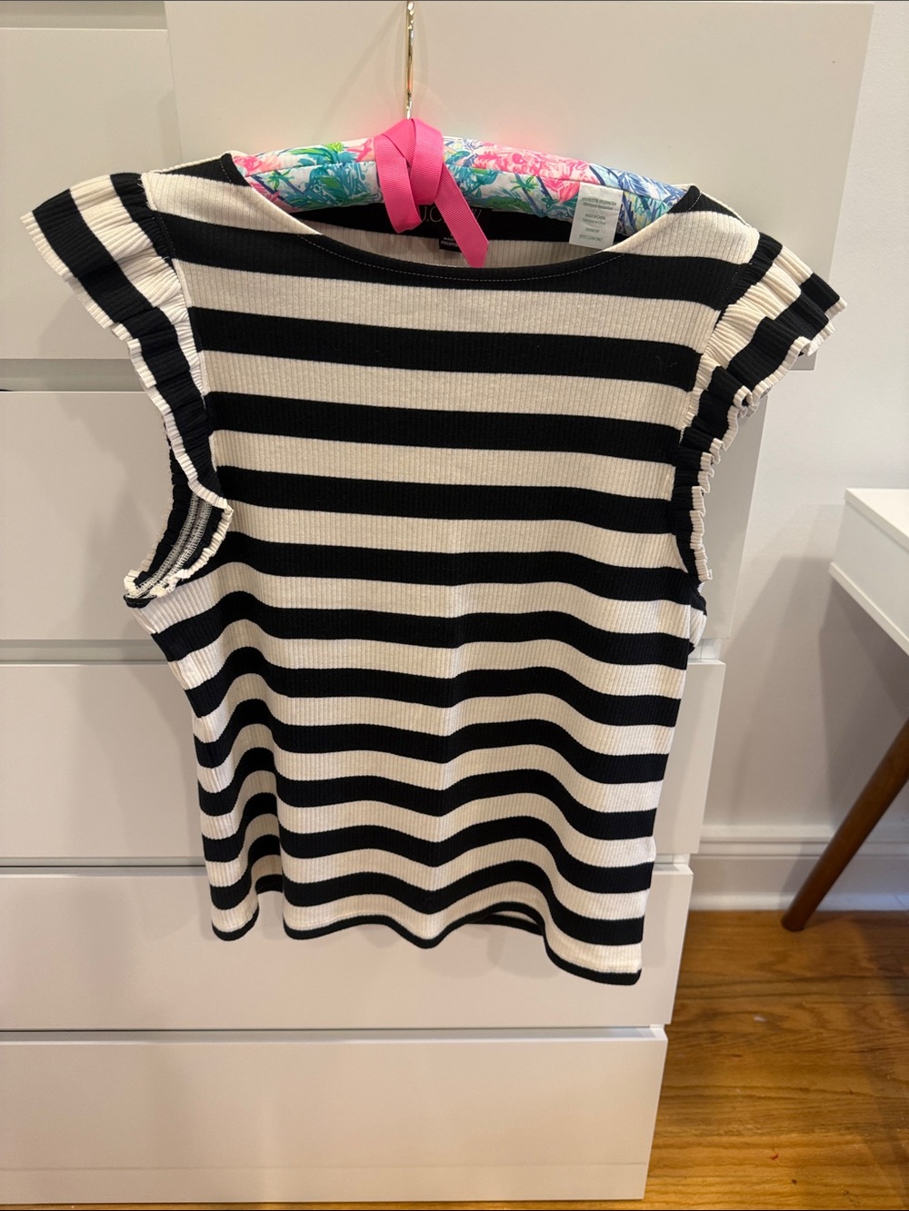 Women’s Black & White Striped Sleeveless Ruffle Top